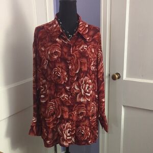 Jaclyn Smith Rose Pattern Button Down Shirt - Deep Red and Cream